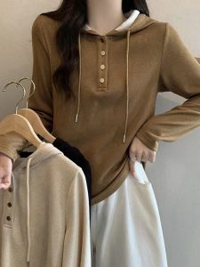 大码休闲连帽卫衣女2024春季新款胖mm显瘦长袖抽绳套头纯色上衣潮