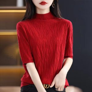 2024春女式针织衫半高领5分中袖短袖女打底羊毛绒衫女