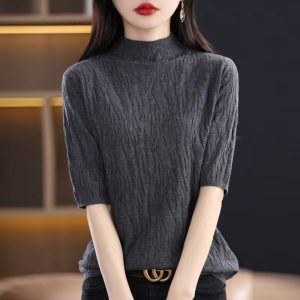2024春女式针织衫半高领5分中袖短袖女打底羊毛绒衫女