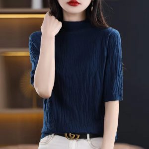 2024春女式针织衫半高领5分中袖短袖女打底羊毛绒衫女