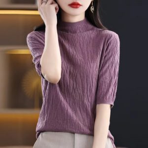 2024春女式针织衫半高领5分中袖短袖女打底羊毛绒衫女