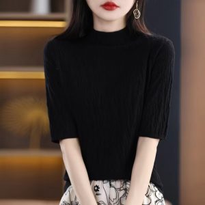2024春女式针织衫半高领5分中袖短袖女打底羊毛绒衫女