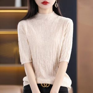2024春女式针织衫半高领5分中袖短袖女打底羊毛绒衫女