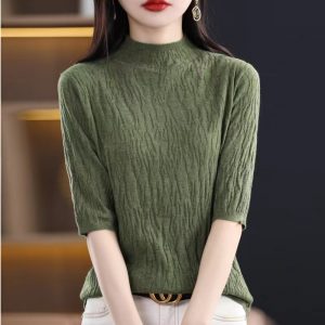 2024春女式针织衫半高领5分中袖短袖女打底羊毛绒衫女