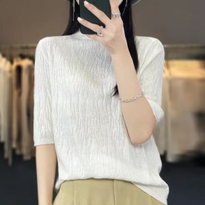 2024春女式针织衫半高领5分中袖短袖女打底羊毛绒衫女