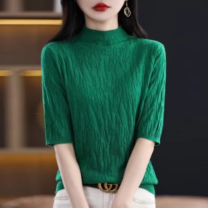 2024春女式针织衫半高领5分中袖短袖女打底羊毛绒衫女