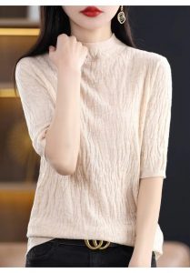 2024春女式针织衫半高领5分中袖短袖女打底羊毛绒衫女