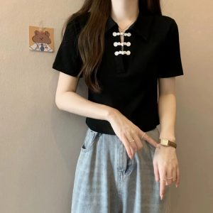 短款polo领正肩短袖T恤女夏季胖mm遮肚显瘦短款上衣设计感小众女