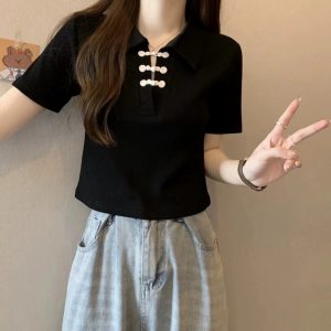 短款polo领正肩短袖T恤女夏季胖mm遮肚显瘦短款上衣设计感小众女