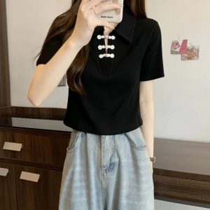 短款polo领正肩短袖T恤女夏季胖mm遮肚显瘦短款上衣设计感小众女